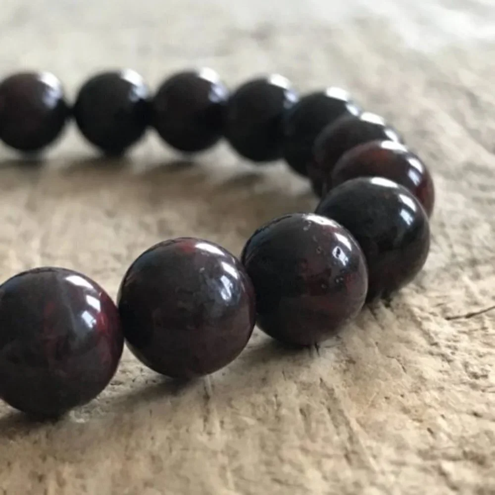 Men's Burgundy Jasper Gemstone Bracelet Brass Accent Bead - 10mm Beads